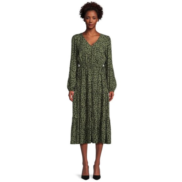 Time and Tru Size L Sea Turtle Leopard (Green and Black) Tiered Side Tie Dress - Picture 1 of 13